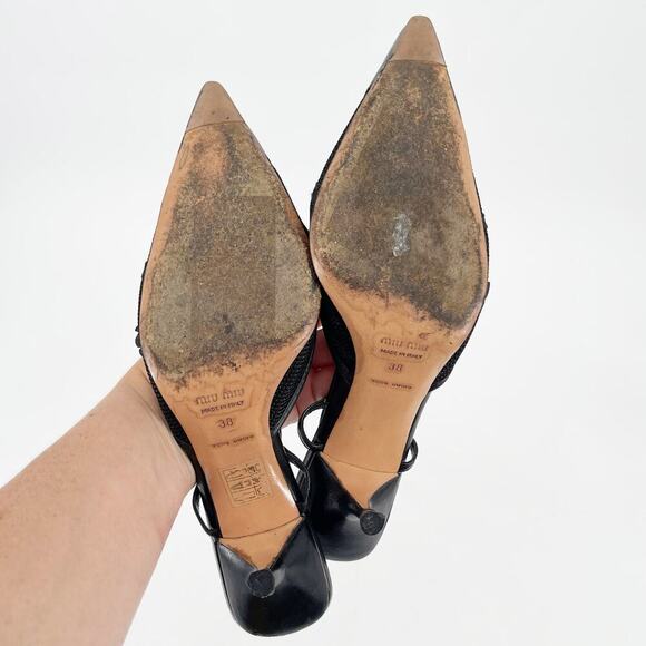 Miu Miu Vintage Retro Black Flower Bow Mesh Pointed Toe Slingback Heel IT 38 - Picture 11 of 13